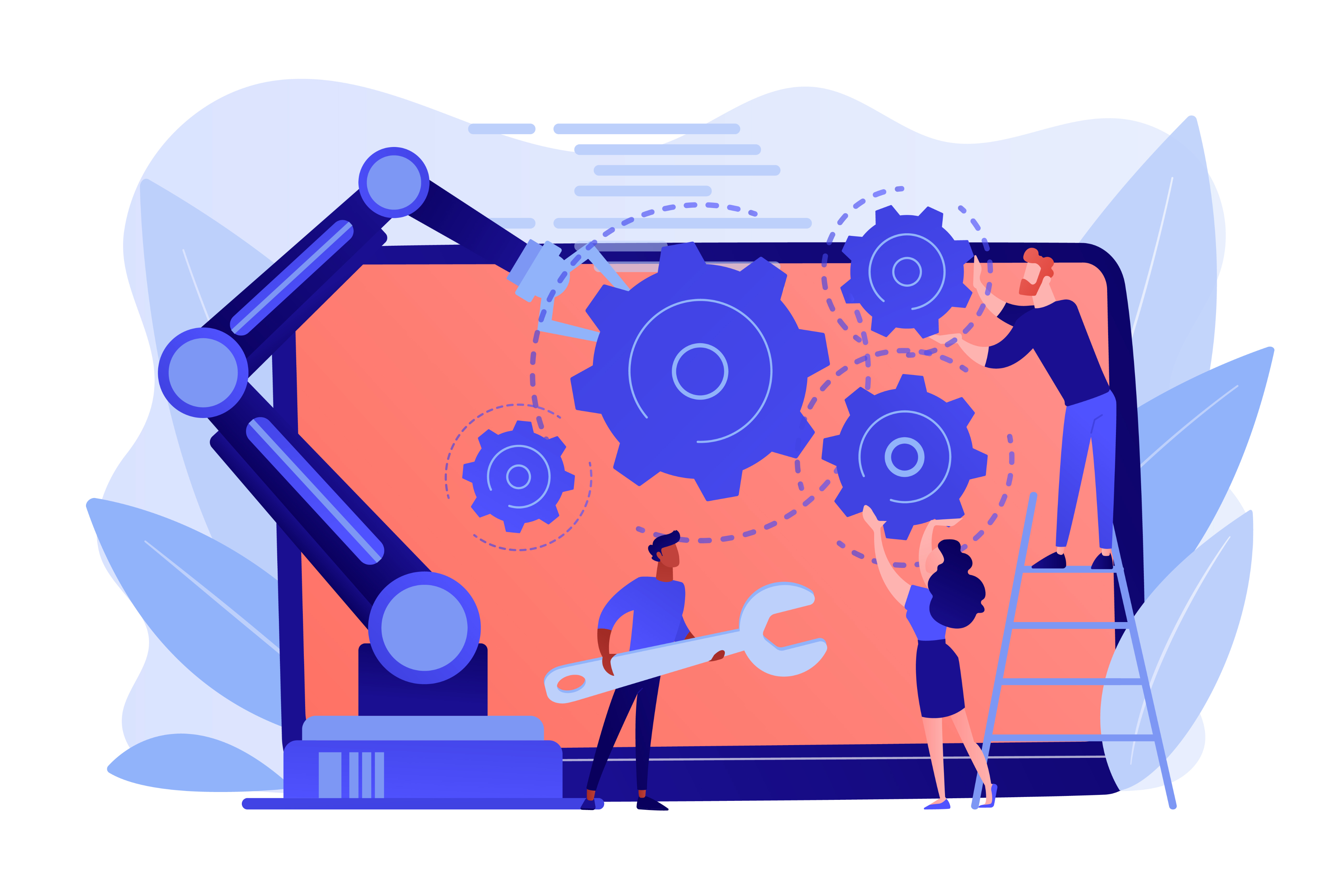 Data migration illustration showing a computer screen with gears and robotic arms working on data transformation